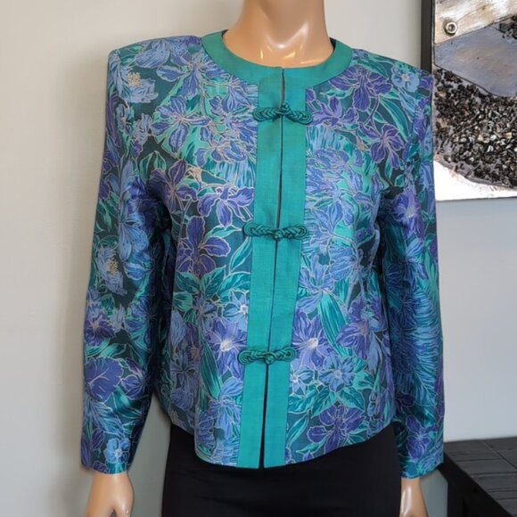 Vintage 80s Asian Blazer Jacket Satin Floral Frog Button Mandarin Collar Teal - Picture 10 of 10